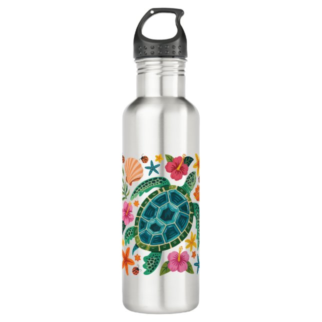 Bouteille D'eau Tortue de mer florale Boho (Devant)