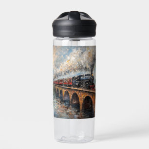 Bouteille D'eau Train à vapeur sur un pont - Peinture à l'huile
