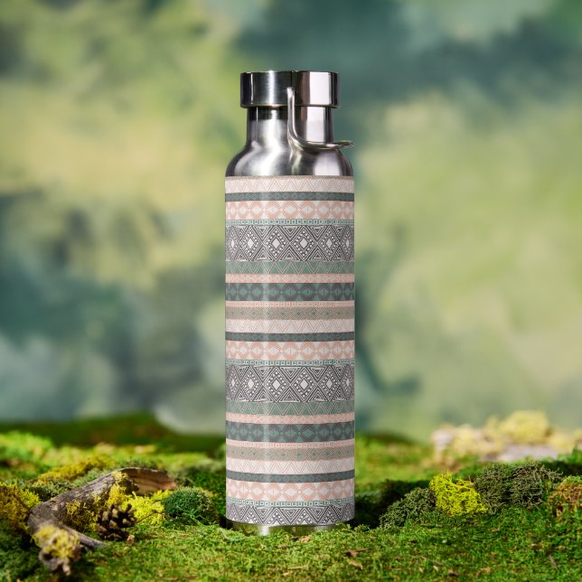 Bouteille D'eau Tribal Géométrique Tissu Boho Vert Beige (Extérieur)