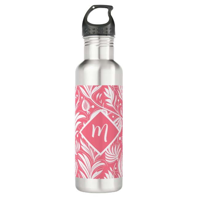 Bouteille D'eau Tropical rose floral motif diamant Monogramme (Devant)