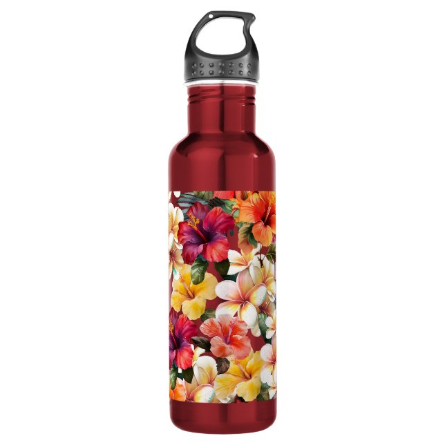 Bouteille D'eau Tropical Rouge Blanc Jaune Monnaie Hibiscus Floral (Devant)