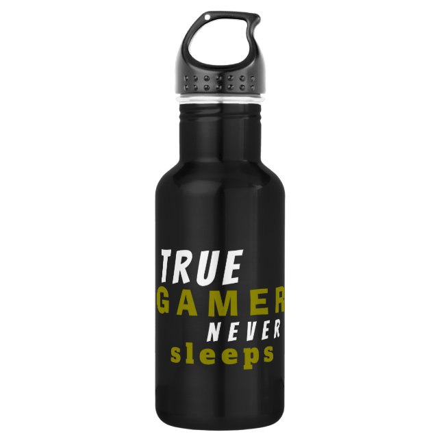 Bouteille D'eau True Gamer ne dort jamais Citation drôle Noir (Devant)