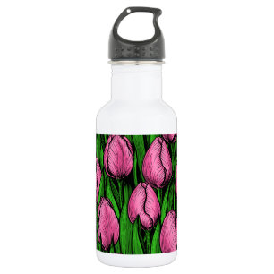 Bouteille D'eau Tulières roses avec feuilles verts