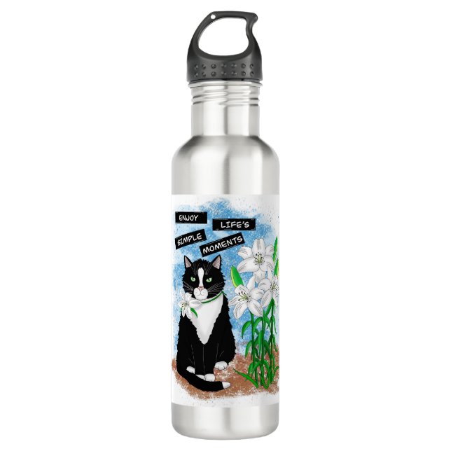 Bouteille D'eau Tuxedo Chat et Lilies | Devis inspirant (Devant)