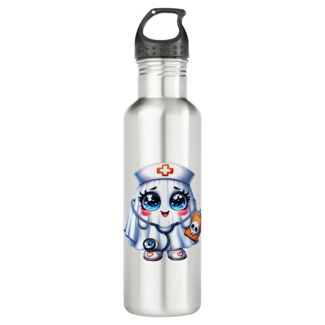 Bouteille D'eau Un mignon fantôme d'Halloween en uniforme d'infirm (Devant)
