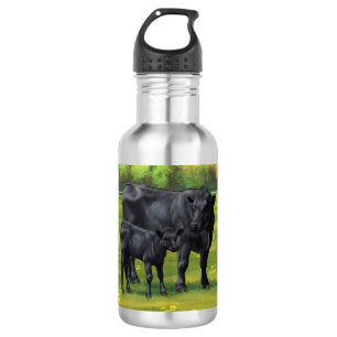Bouteille D'eau Vache d'Angus noir et veau mou en pâturage d'été