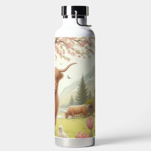 Bouteille D'eau Vache des hautes terres mignonne, florale/printani