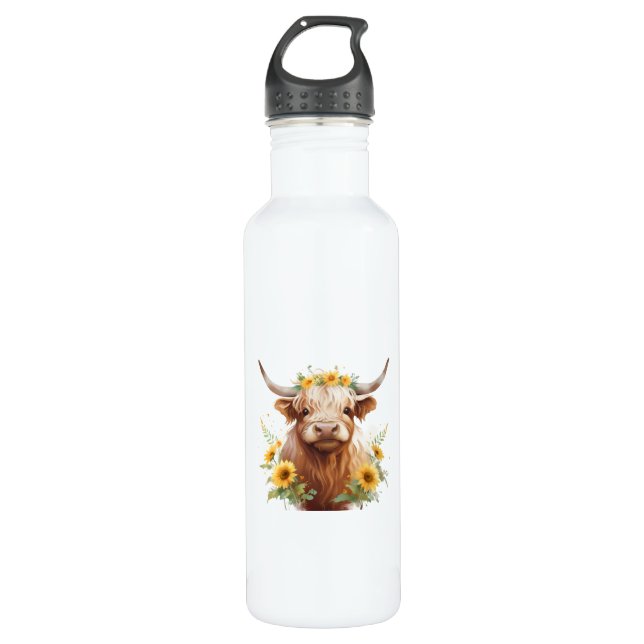 Bouteille D'eau Vache Highland avec Couronne de fleurs de tourneso (Devant)