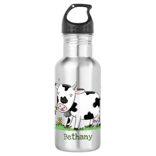 Bouteille D'eau Vache mignonne en vert dessin animé sur le terrain