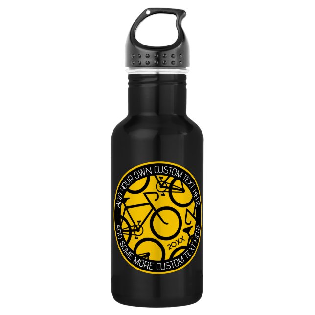 Bouteille D'eau Vélo texte personnalisé Jaune et noir (Devant)