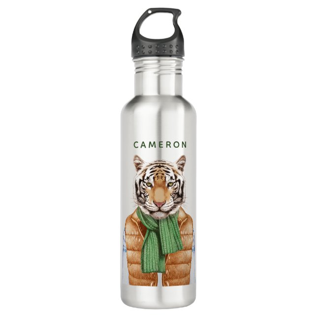 Bouteille D'eau Vers le bas le tigre de gilet | ajoutent votre nom (Devant)