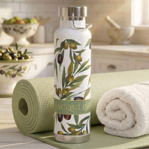 Bouteille D'eau Vert sauge motif olive aquarelle campagne français