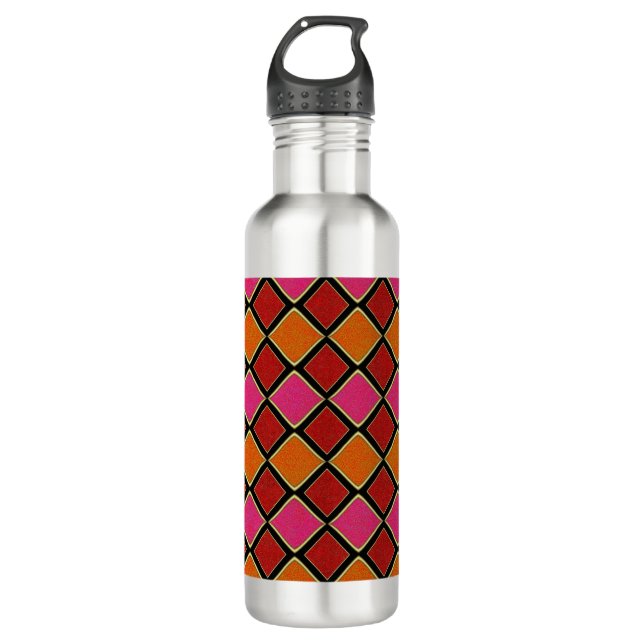 Bouteille D'eau Vibrant Harlequin Diamond Pattern in Red, Orange,  (Devant)