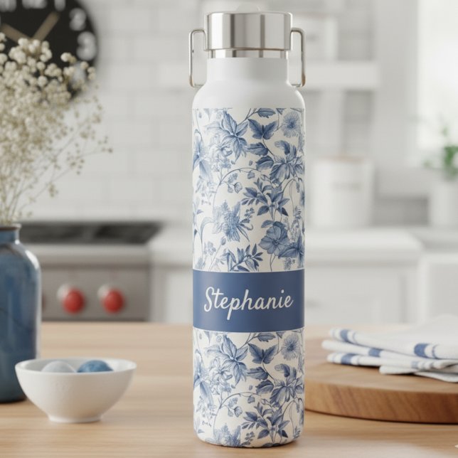 Bouteille D'eau Vintage Blue Floral Toile Monogram (Créateur téléchargé)