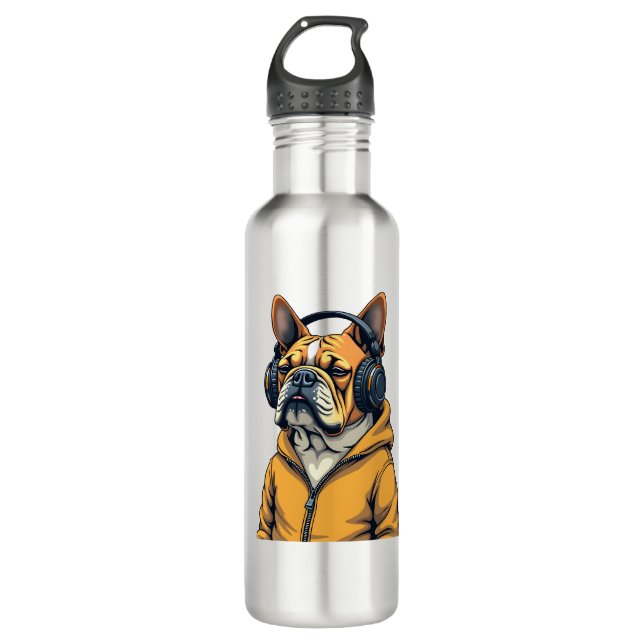 Bouteille D'eau Vintage Bulldog in Headphones Wearing Hoodie Music (Devant)