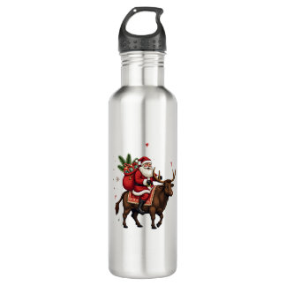 Bouteille D'eau Vintage Santa Riding Highland Cow Christmas Vector