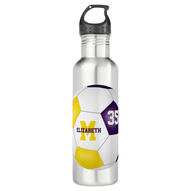 Bouteille D'eau violet or soccer fille garçon école couleurs (Devant)