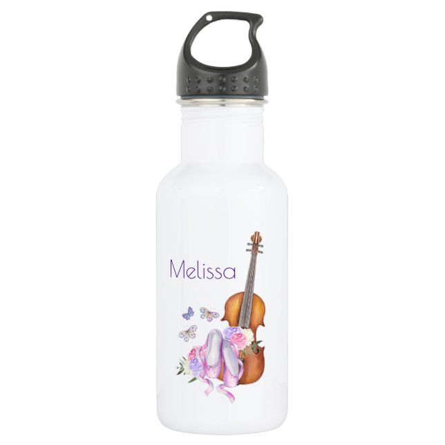 Bouteille D'eau Violon, Chaussures de Ballet, Fleurs et Papillons (Devant)