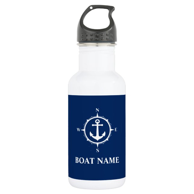 Bouteille D'eau Votre nom de bateau Compass Ancre Bleu Blanc (Devant)