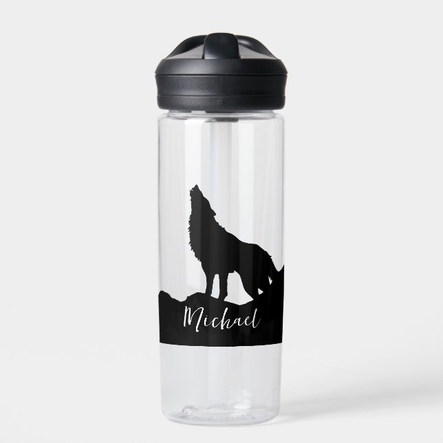 Bouteille D'eau Wolf Pop Art Votre Nom Personnalisé Noir Blanc (Extérieur)