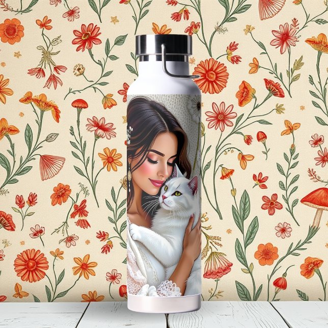 Bouteille D'eau Woman and White Cat and Dandelions  (Créateur téléchargé)