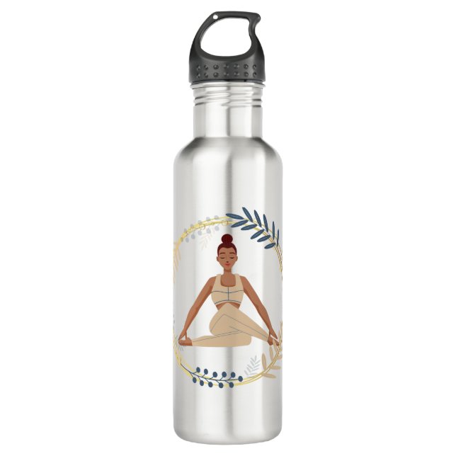 Bouteille D'eau Yoga femme peau foncée pose fleur d'or spirituel  (Devant)
