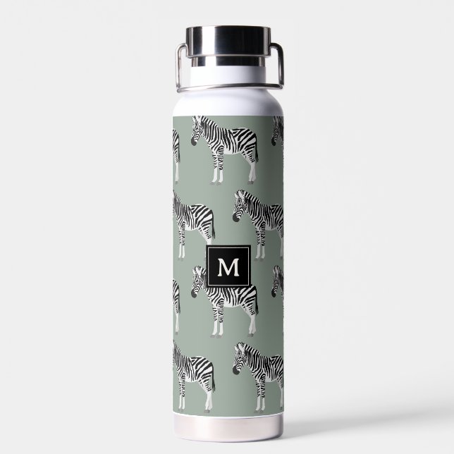 Bouteille D'eau Zebra Exotic Animal Motif Sage Green Monogramme (Arrière)