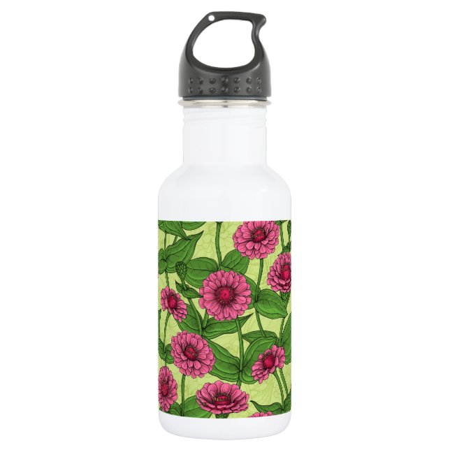 Bouteille D'eau Zinnias rose sur vert clair (Devant)