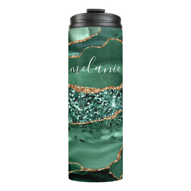 Bouteilles Isothermes Agate Green Gold Marbre Votre nom Thermal Tumbler (Devant)