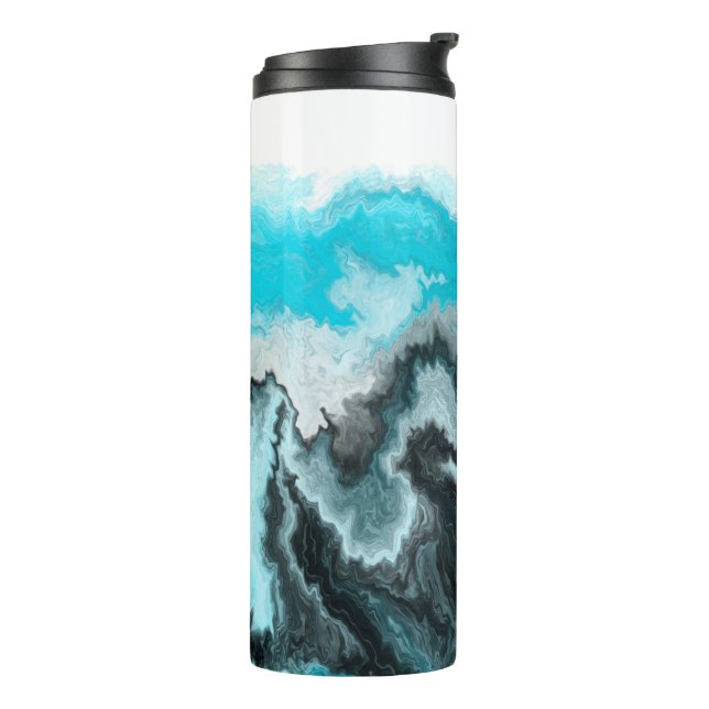 Bouteilles Isothermes Aqua Blue Grey et Black Waves Art moderne Abstrait (Tourné sur la gauche)