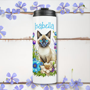 Bouteilles Isothermes Aquarelle Ai personnalisée Chat siamois en Fleurs