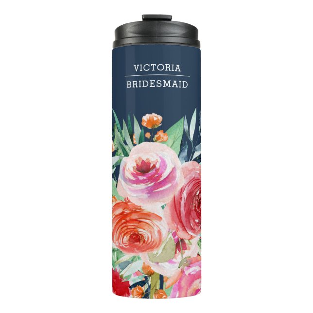 Bouteilles Isothermes Aquarelle bleu marine Floral Custom Bridesmaid Nom (Devant)