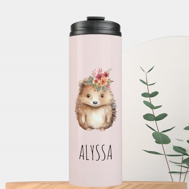 Bouteilles Isothermes Aquarelle de Hérisson floral (Floral Hedgehog watercolor Thermal Tumbler Travel mug for her blush pink)