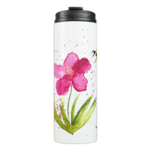 Bouteilles Isothermes Aquarelle fleur rose bourdon