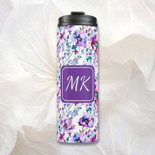 Bouteilles Isothermes Aquarelle florale violet Monogramme