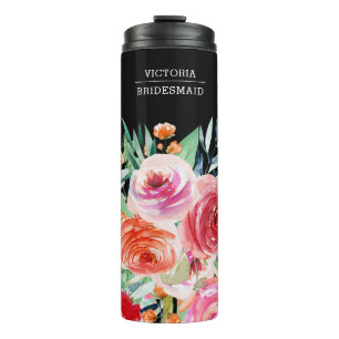 Bouteilles Isothermes Aquarelle noire Floral Custom Bridesmaid Nom