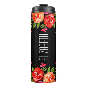 Bouteilles Isothermes Aquarelle rose rouge moderne orange florale