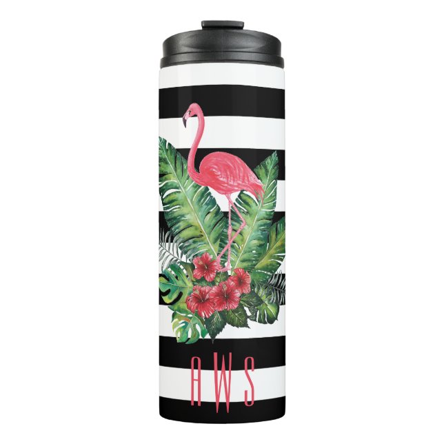 Bouteilles Isothermes Aquarelle tropicale Flamant rose et bandes de fleu (Devant)