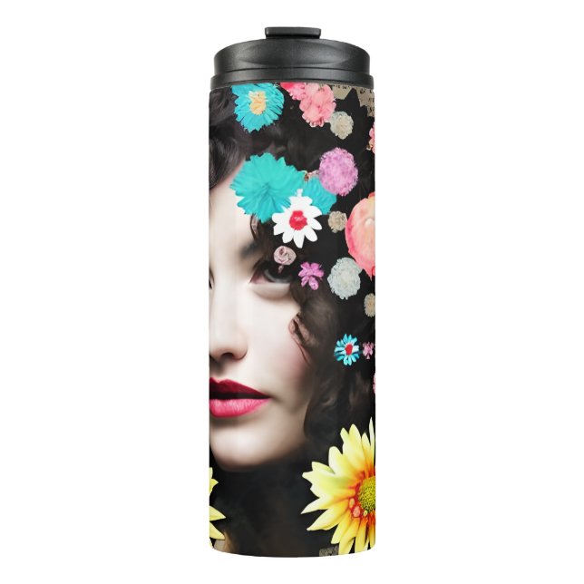 Bouteilles Isothermes Art de style Collage papier | Jolie Dame et Fleurs (Devant)
