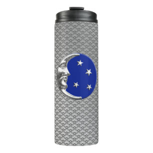 Bouteilles Isothermes Art Déco Lune et Etoiles, Bleu Cobalt et Argent