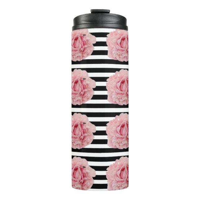 Bouteilles Isothermes Avryl Fleur rose Peony Black White Stripes (Devant)