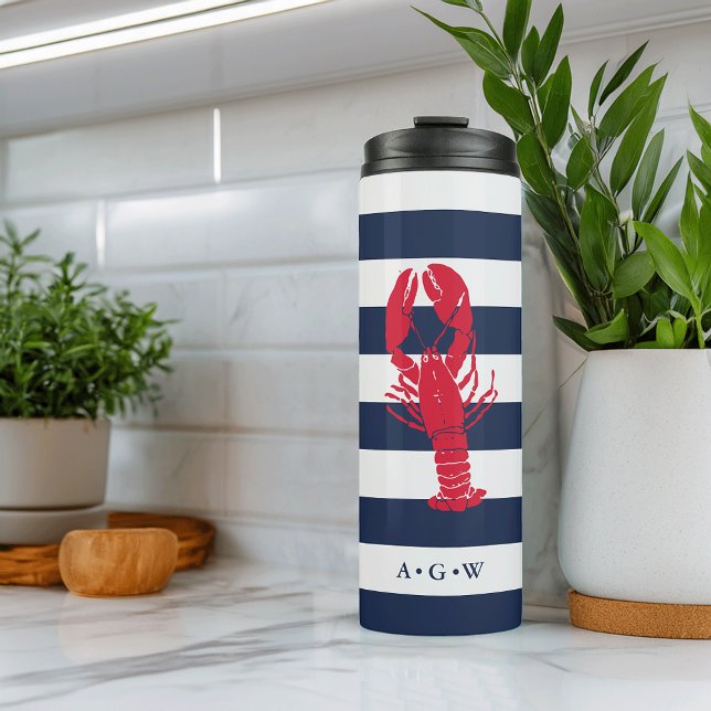 Bouteilles Isothermes Bande et homard de la marine nautique | Monogramme (Créateur téléchargé)