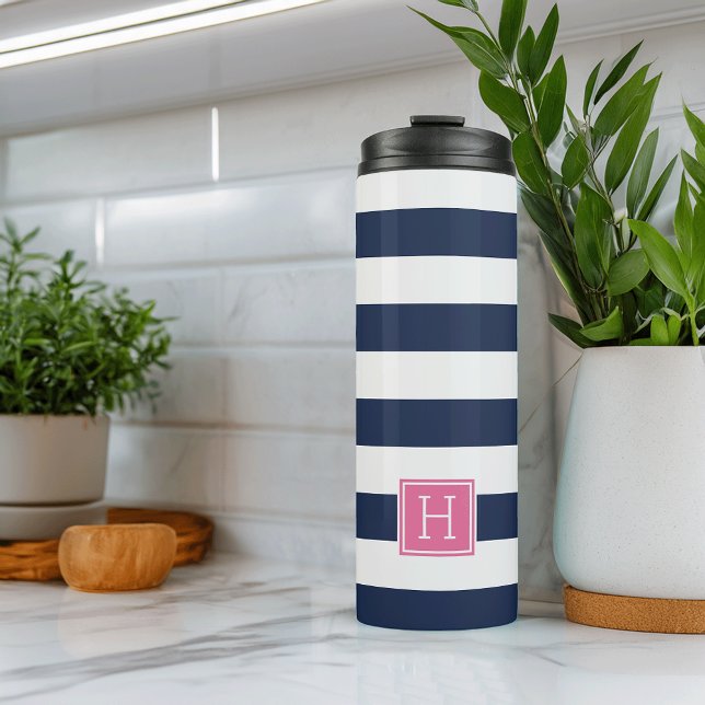 Bouteilles Isothermes Bande marine et monogramme rose (Créateur téléchargé)