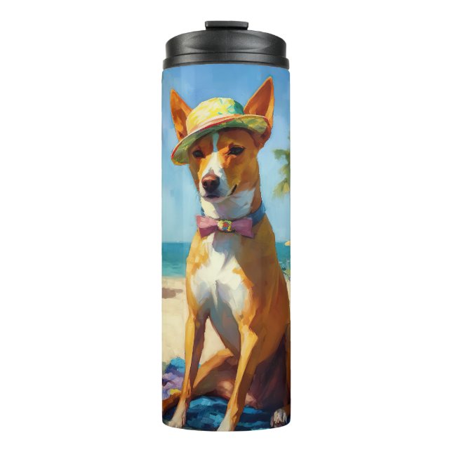 Bouteilles Isothermes Basenji sur la plage, cadeau d'été pour les amoure (Devant)