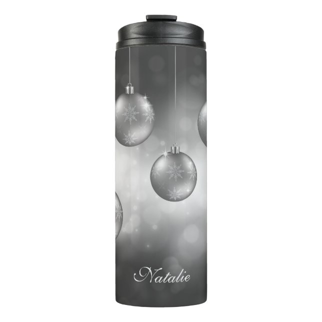 Bouteilles Isothermes Baubles de Noël gris argenté avec nom personnalisé (Devant)
