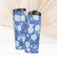 Bleu Blanc Chinoiserie Oiseau Floral Jardin Monogr