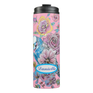 Bouteilles Isothermes Blue Budgie Budgerigar Rose aquarelle art floral