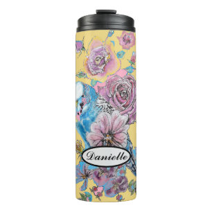 Bouteilles Isothermes Blue Budgie Budgerigar Rose aquarelle art floral