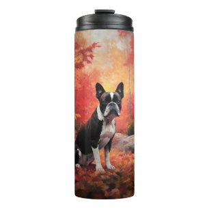 Bouteilles Isothermes Boston Terrier dans les feuilles d'automne qui tom