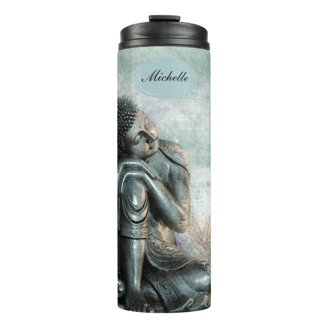Bouteilles Isothermes Bouddha d'argent paisible avec monogramme| Nom (Devant)